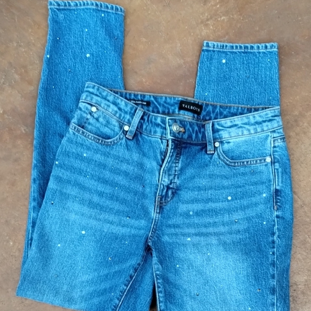 Talbots Women's Straight Leg Rhinestone Blue Jeans - Picture 3 of 5